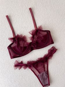 Burgundy Tulle Ruffle Lingerie Set
